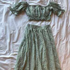 Elegant Green Skirt & off shoulder crop top